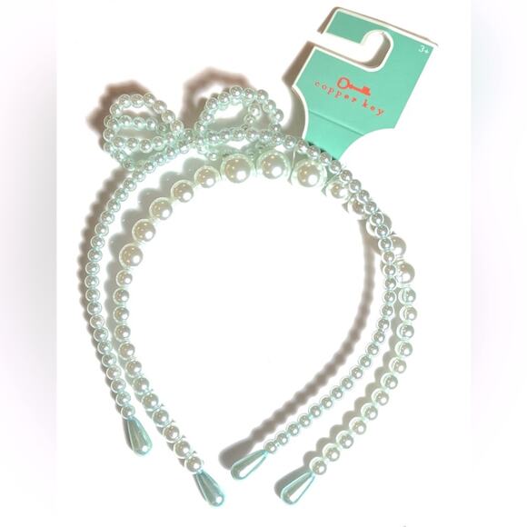 NEW Set (2) HEADBANDS Copper Key GIRLS Kids Blue Graduated Faux Pearl & Bow - Picture 4 of 4